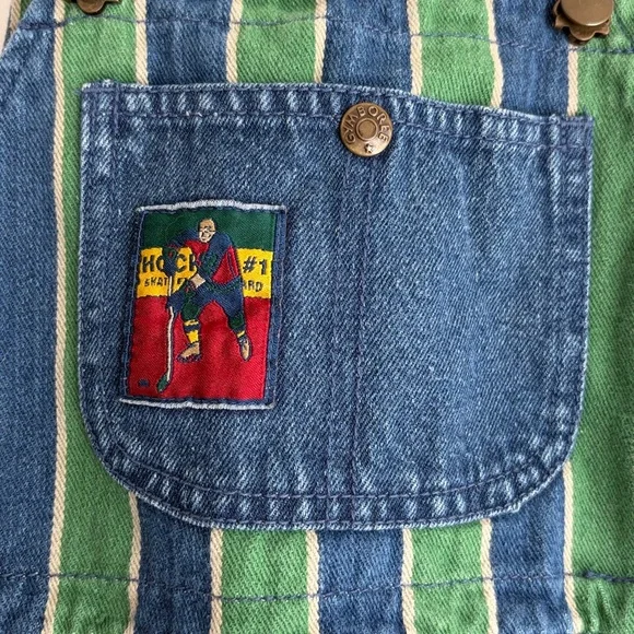 VINTAGE Gymboree Blue & Green Striped Denim Hockey Overalls - Picture 5 of 10